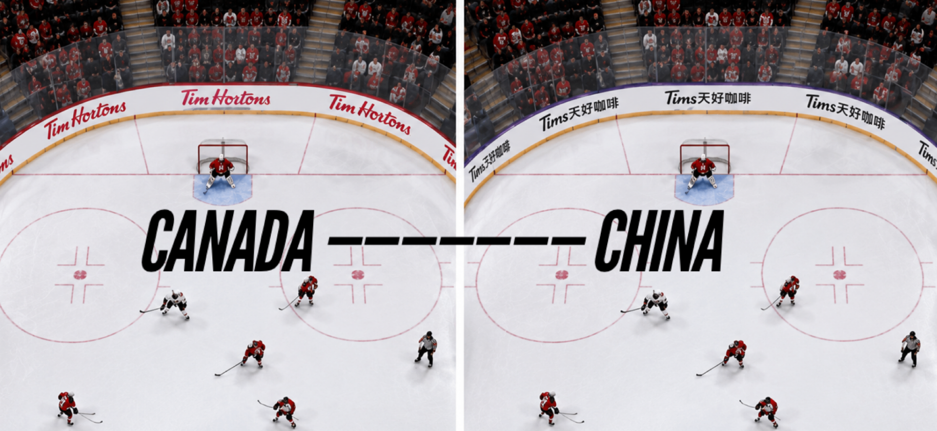 Side-by-side comparison of the same hockey game with rink-board ads localized for Canada and China