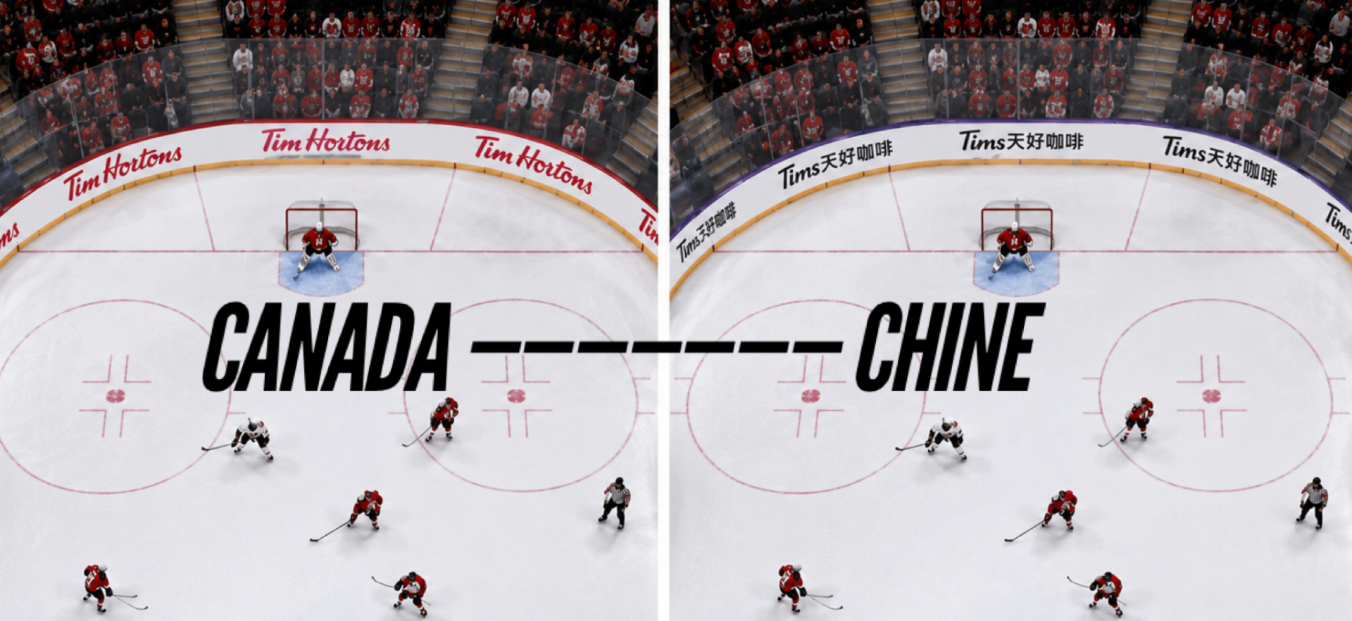 Comparaison côte à côte du même match de hockey avec des publicités sur les bandes localisées pour le Canada et la Chine