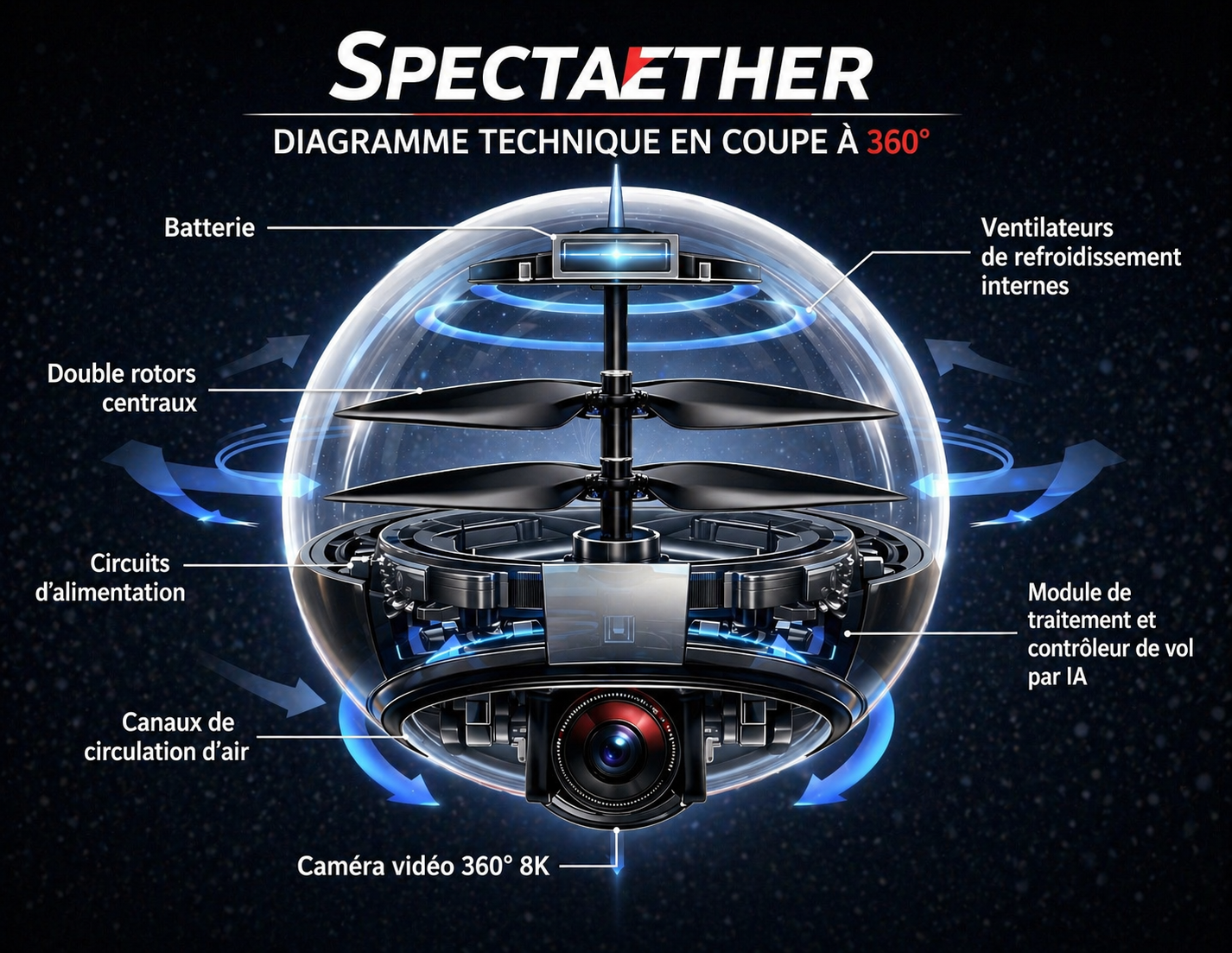 Schéma d'ingénierie en coupe du Spectaether 360° montrant la batterie, les rotors jumeaux, le contrôleur IA et la caméra 8K