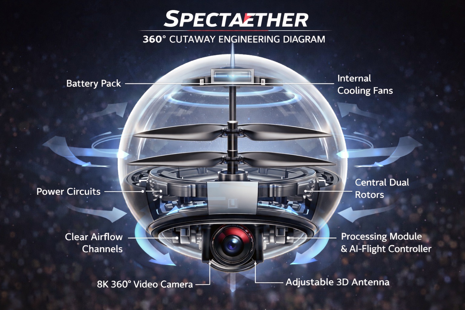 Spectaether 360° cutaway engineering diagram showing battery, twin rotors, AI controller, and 8K camera